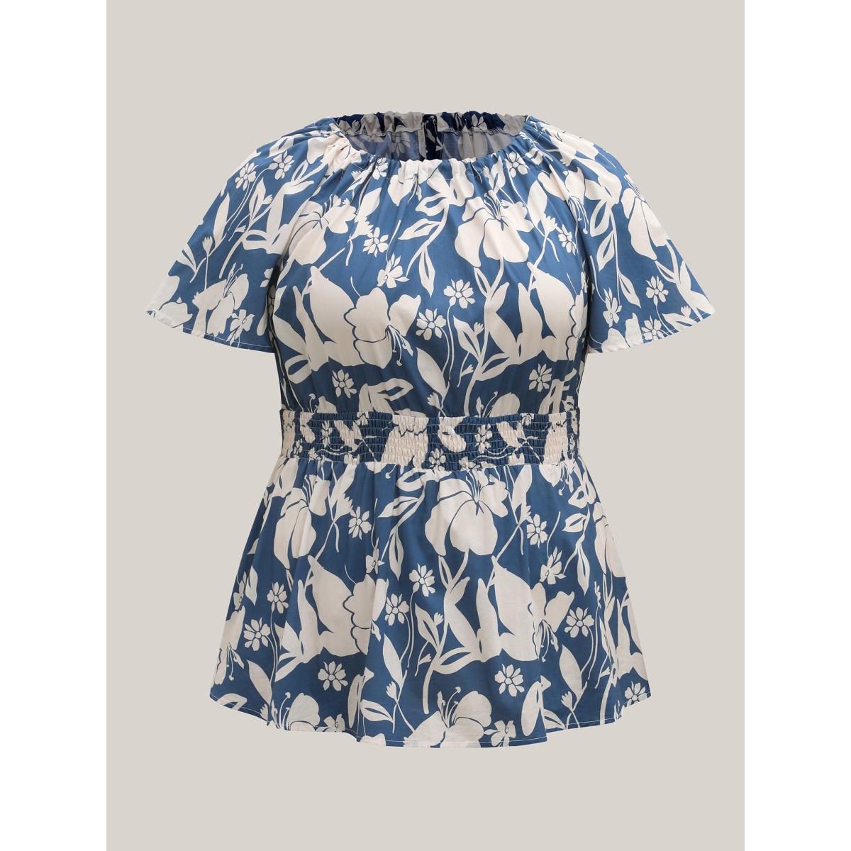 Plus Size Mediumblue Cotton Silhouette Floral Print Shirred Waist Blouse Women Short sleeve Round Neck Vacation Blouses BloomChic 18-20/2X Product Image