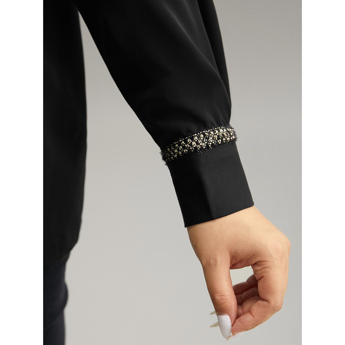 Plus Size Black Plain Contrast Webbing Crew Neck Blouse Women Office Long Sleeve Round Neck Office Blouses BloomChic 26/4X Product Image