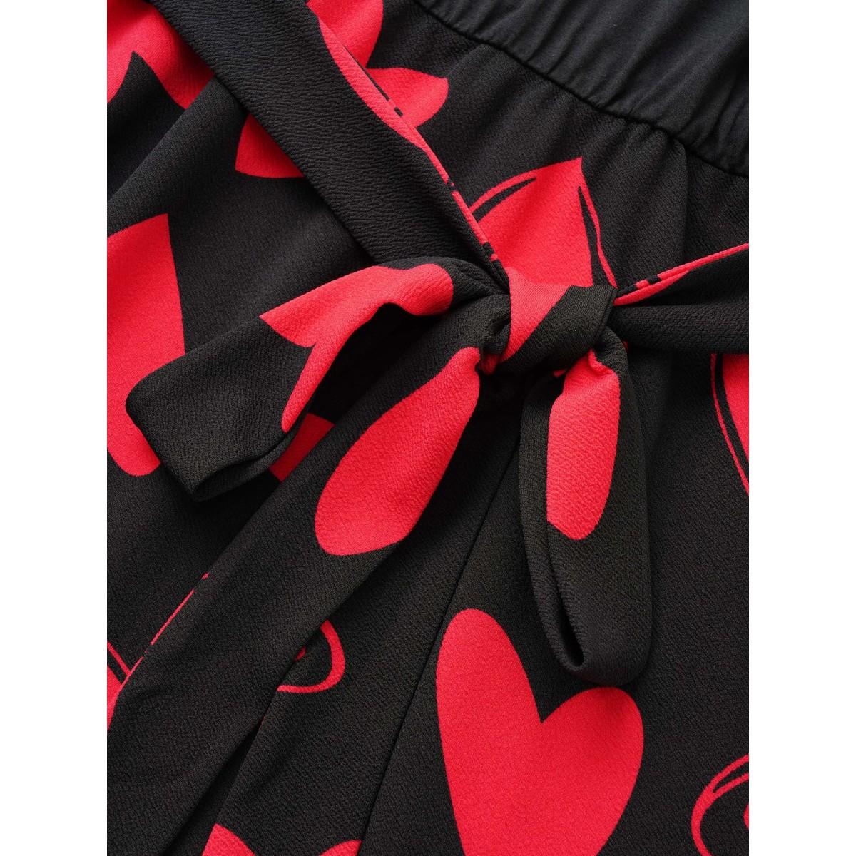 Plus Size Heart Print Notched Belted Patchwork Dress Black Women Elegant Non Notched collar Elbow-length sleeve Curvy Midi Dress BloomChic 28/5X Product Image