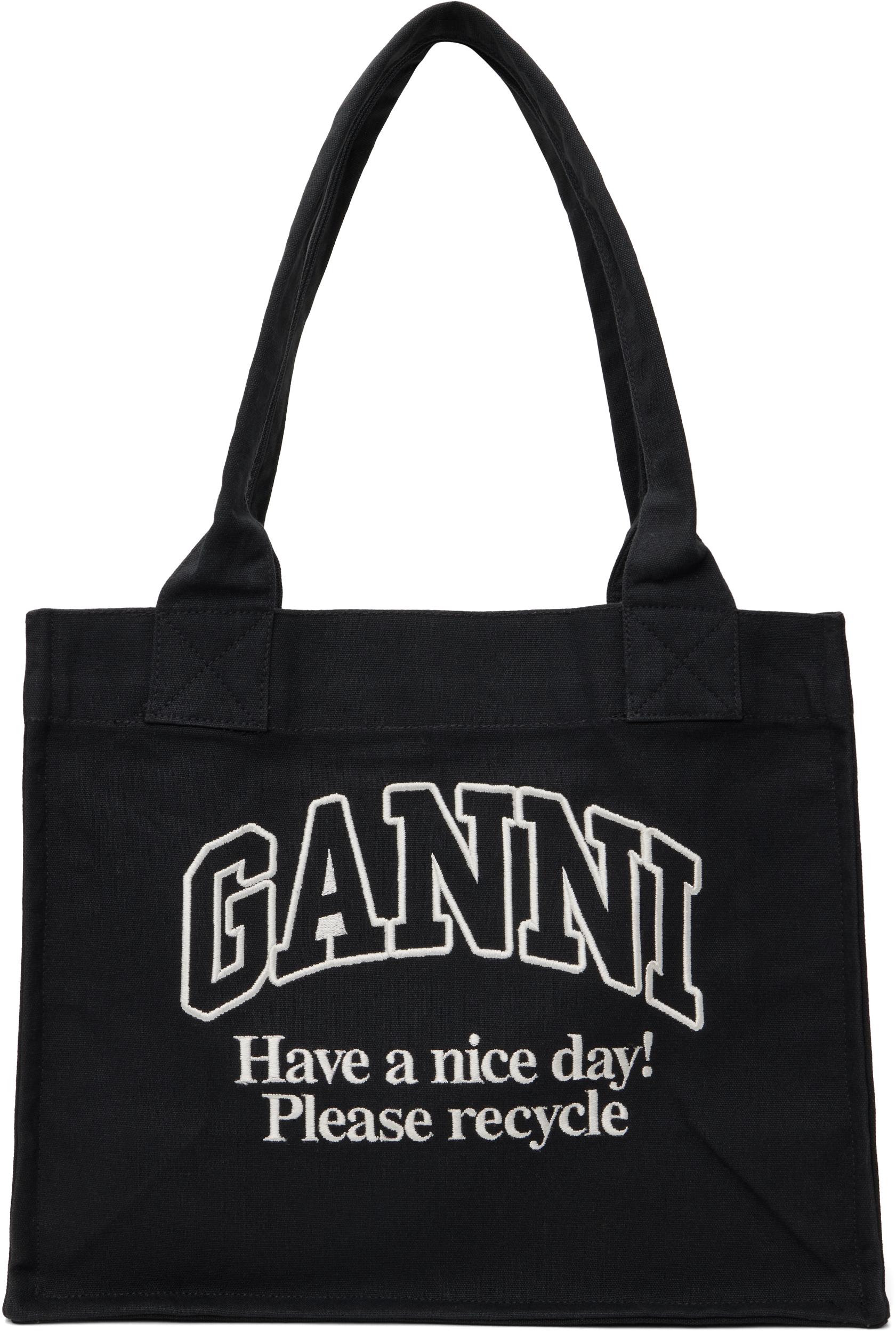 GANNI Black Shopper With Embroidered Logo On The Front In Denim Woman In Multicolor Product Image