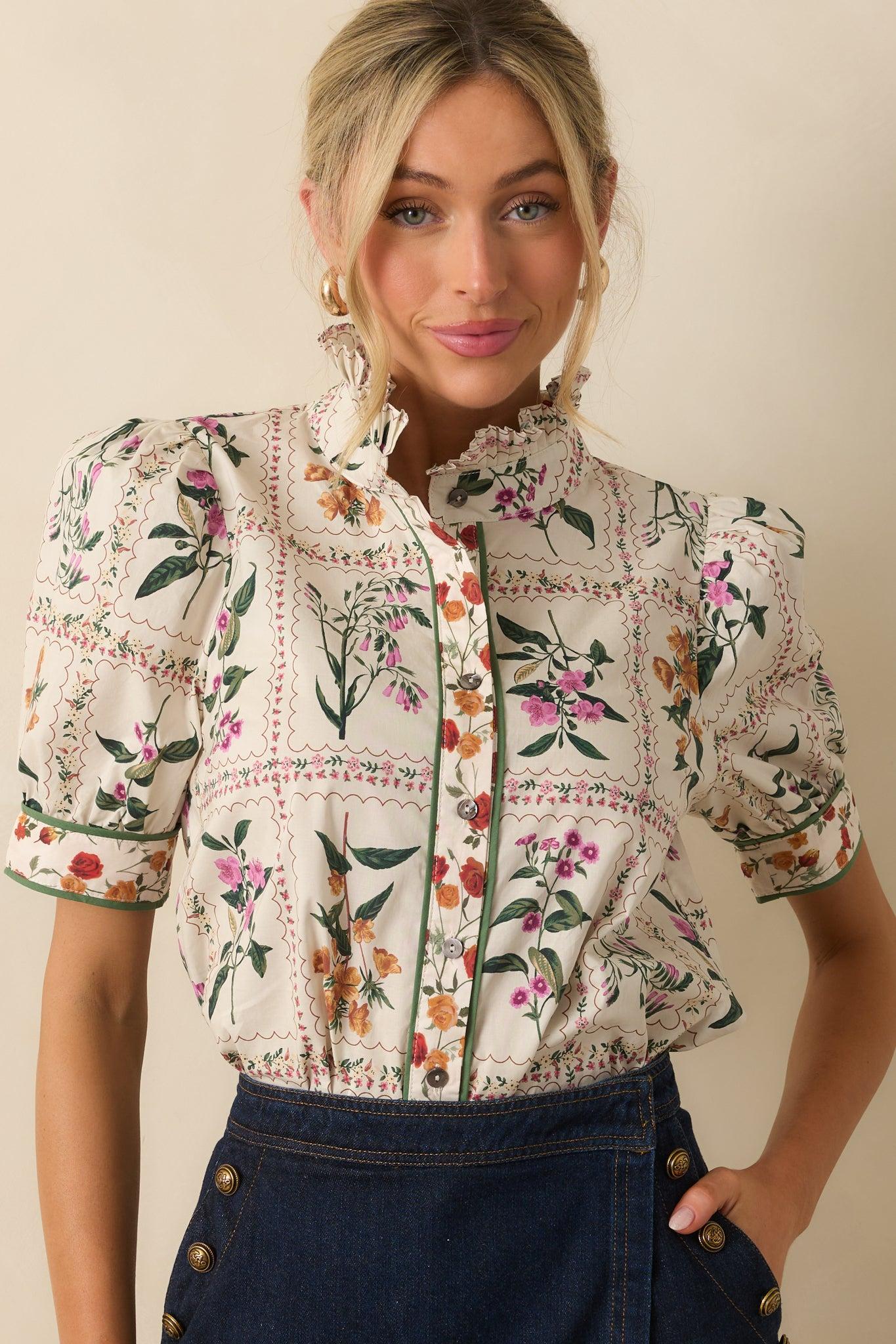 Full Of Light Ivory Multi Floral Print Cotton Button Up Top L / Ivory Product Image