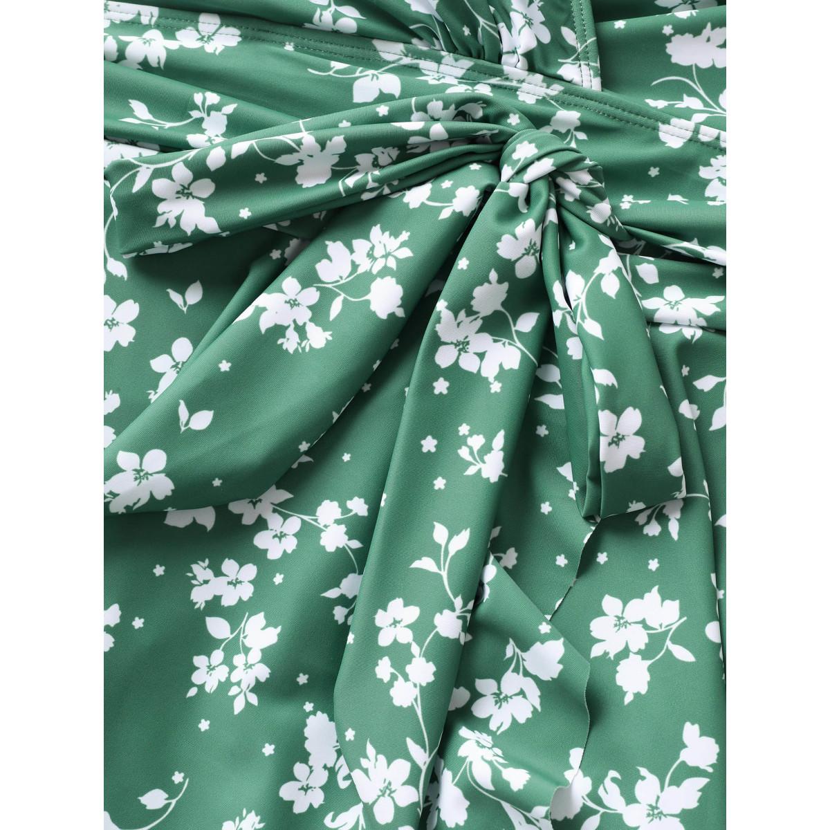 Plus Size Ditsy Floral Overlap Collar Tie Knot Swim Dress Women's Swimwear Palemauve Beach Bodycon Overlap Collar High stretch Curve Swim Dresses BloomChic 30/6X Product Image