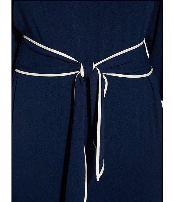 Adrianna Papell Petite Size Contrast Trim Boat Neck 3/4 Sleeve Tie Waist Crepe Dress Product Image