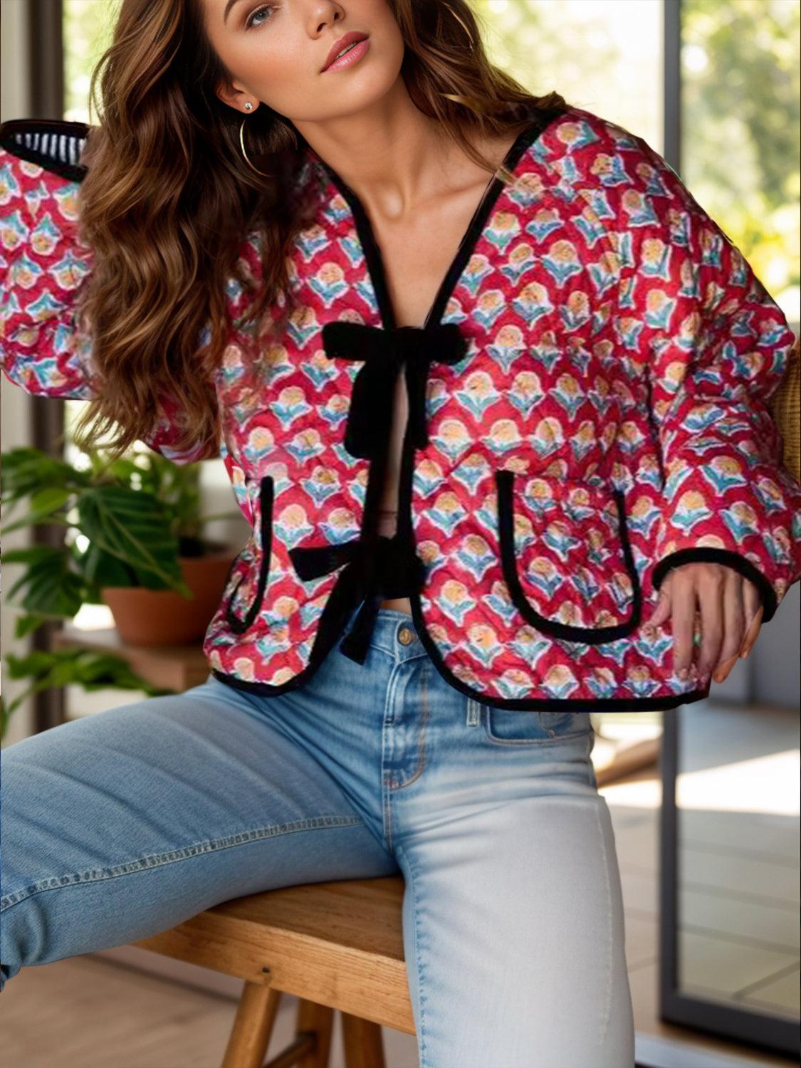 Tied Printed Long Sleeve Jacket Product Image