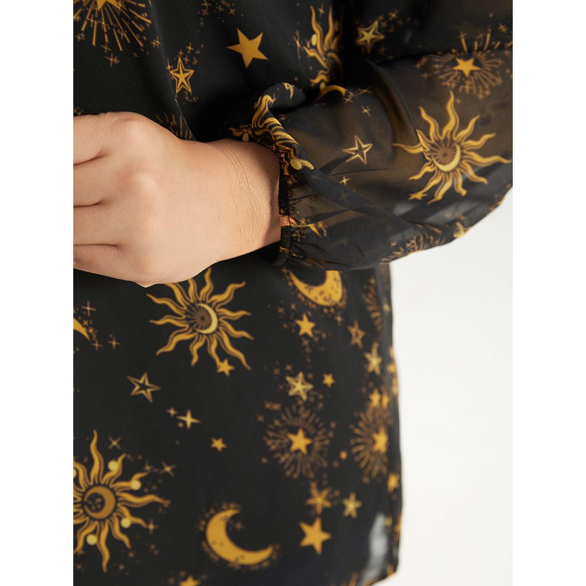 Plus Size Black Halloween Moon & Star Print Tie Neck Mesh Lantern Sleeve Blouse Women Elegant Long Sleeve Tie Neck Festival-Halloween Blouses BloomChic 22-24/3X Product Image