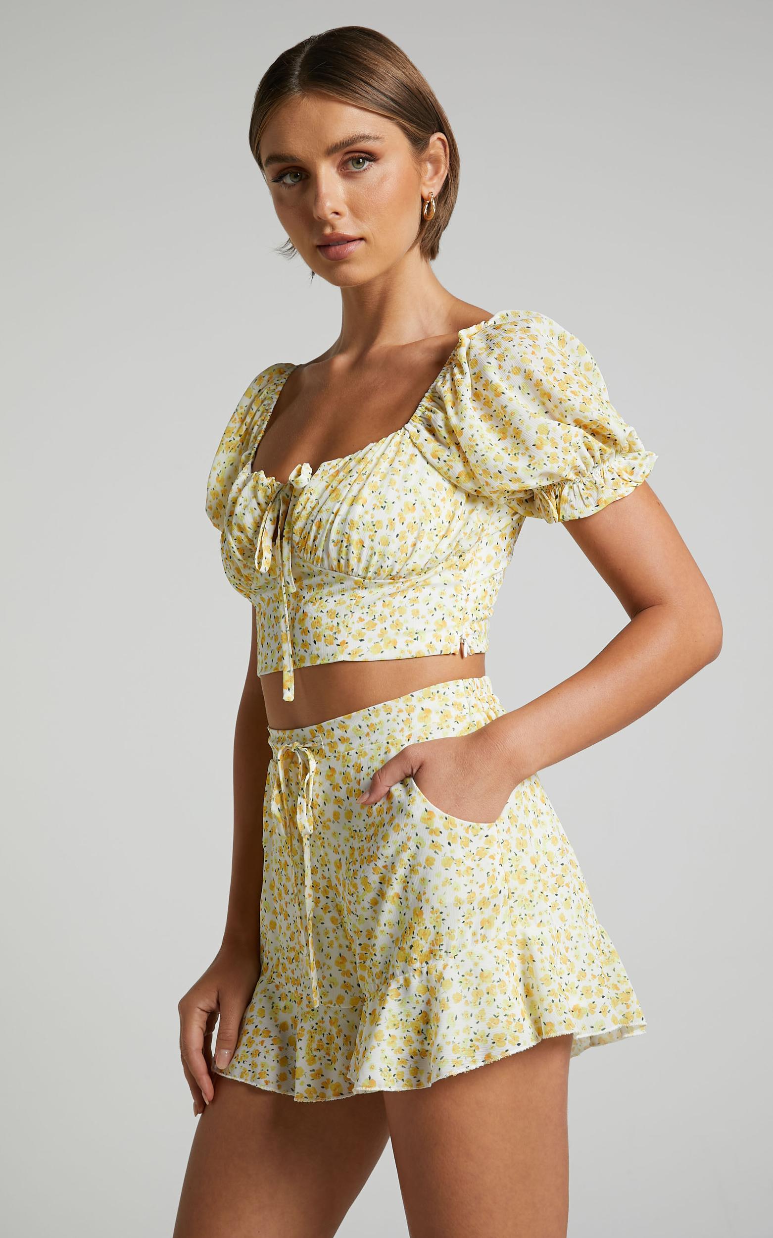 Xandy Mini Dress - Textured Puff Sleeve Plunge Dress in White Product Image