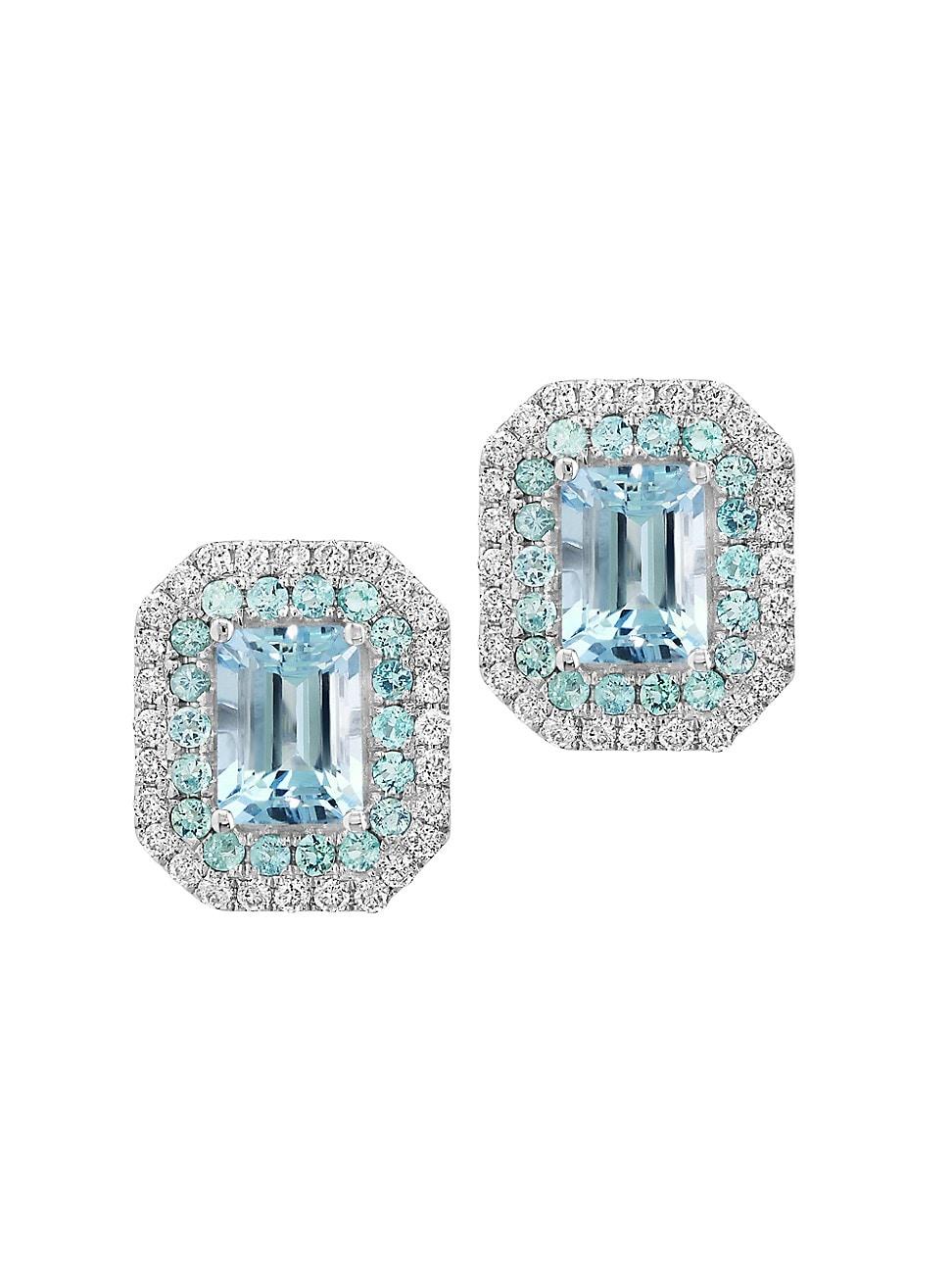 Womens 14K White Gold & Multi-Gemstone Halo Stud Earrings Product Image