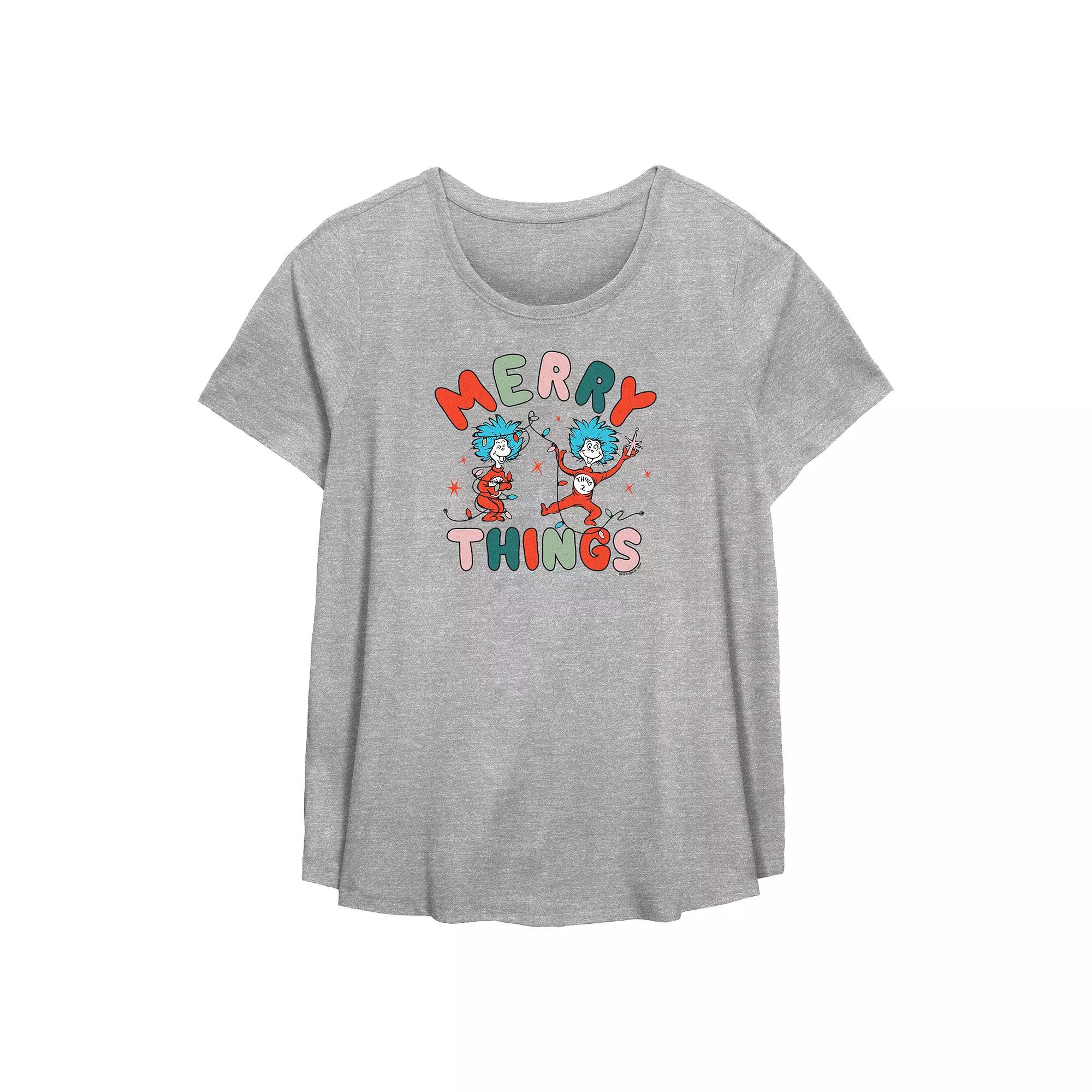 Plus Size Dr. Seuss Thing 1 And Thing 2 Merry Things Flowy Graphic Tee, Womens Grey Gray Product Image
