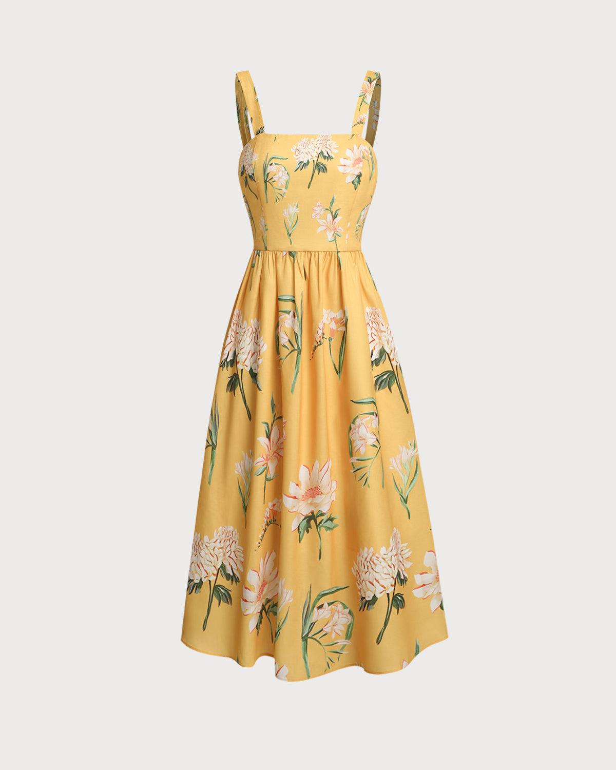 Yellow Floral A-Line Slip Midi Dress Product Image