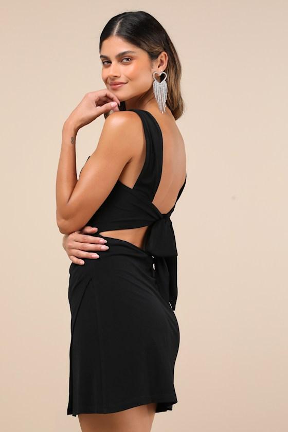 Sweetheart Glam Black Slinky Knit Tie-Back Mini Dress Product Image