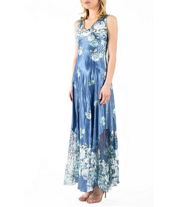 Komarov Charmeuse Lace Floral Scoop Neck Sleeveless Accordion Pleated A-Line Maxi Dress Product Image