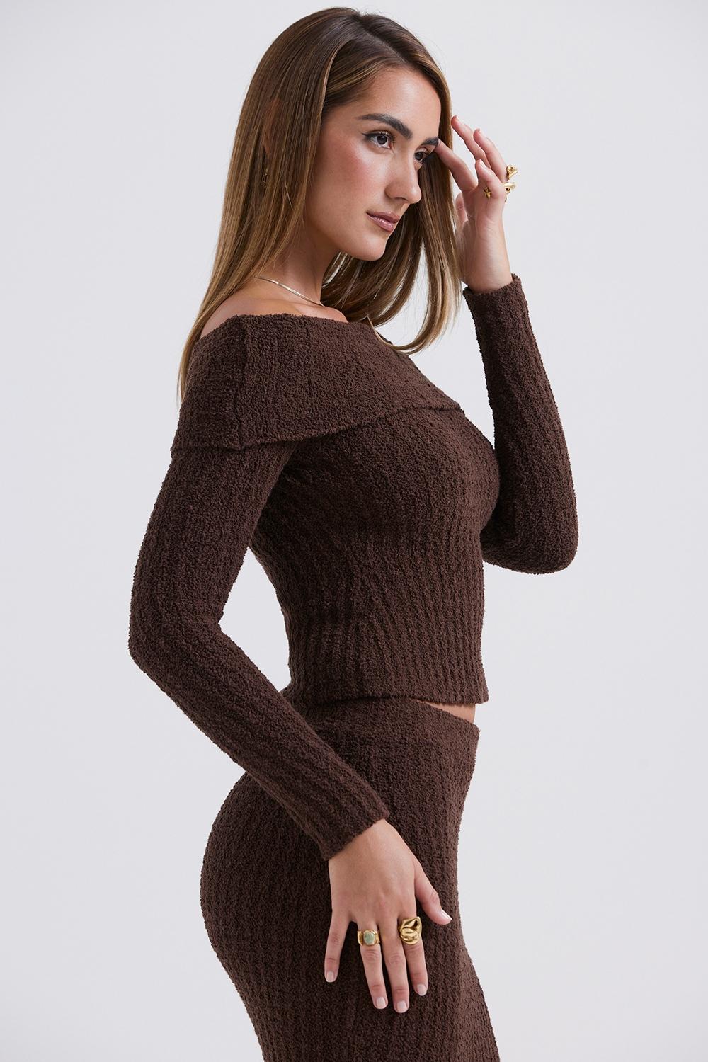 Saffron  chocolate soft boucle knit top - sale Product Image