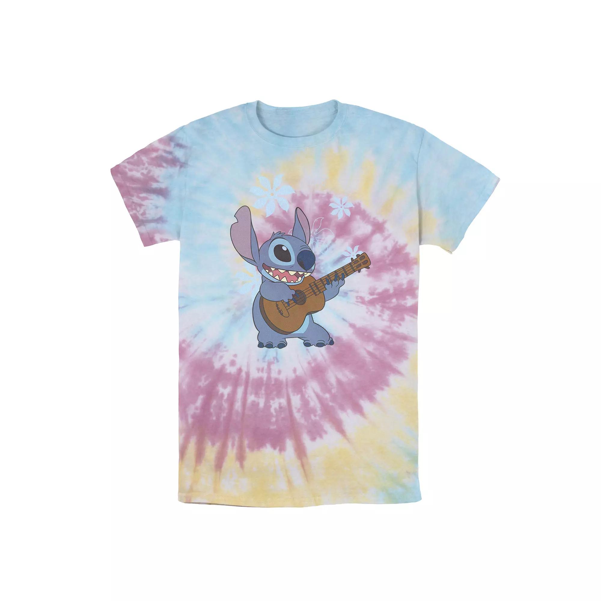 Disney's Lilo & Stitch Men's Flowers Background Wash Tee, Size: Small, Blue Pink Light Yellow Product Image