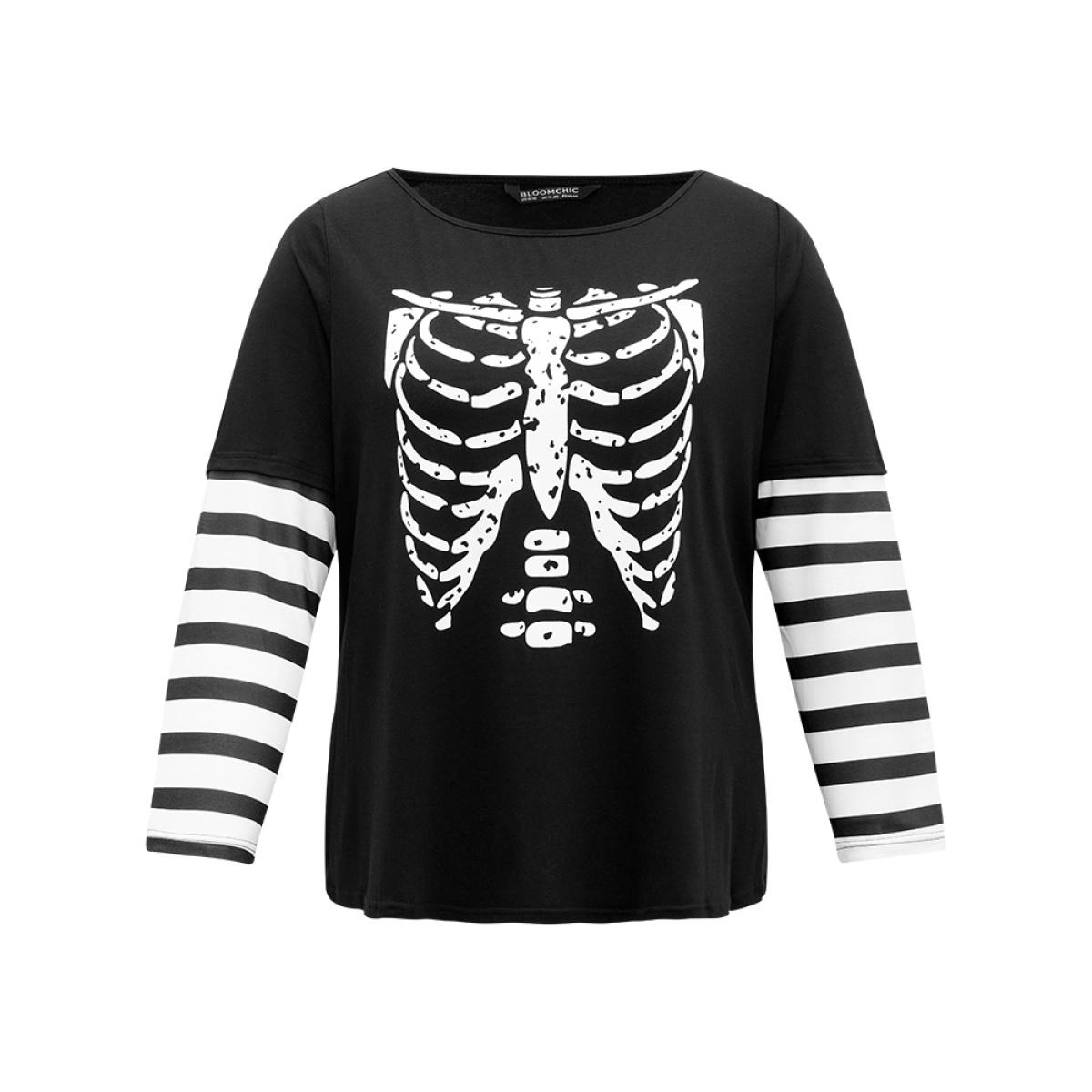 Plus Size Halloween Striped & Skull Print Patchwork T-shirt Black Women Casual Printed Halloween Festival-Halloween T-shirts BloomChic 28/5X Product Image