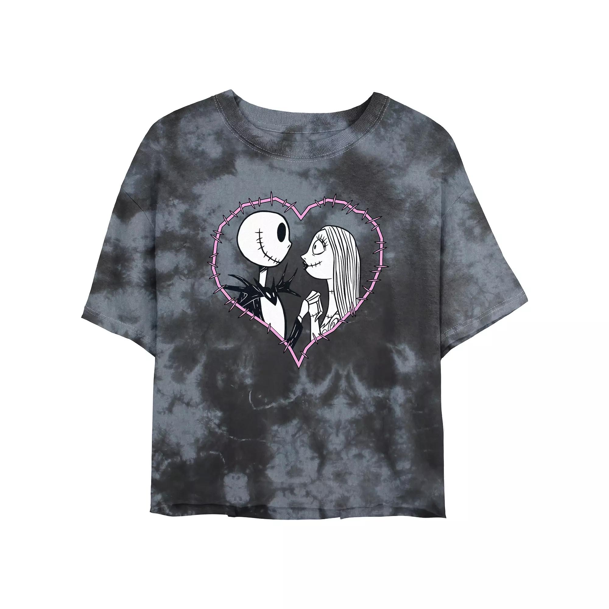 Disneys The Nightmare Before Christmas Jack And Sally Love Crop Top Bombard Wash Juniors Graphic Tee, Womens Black Grey Product Image