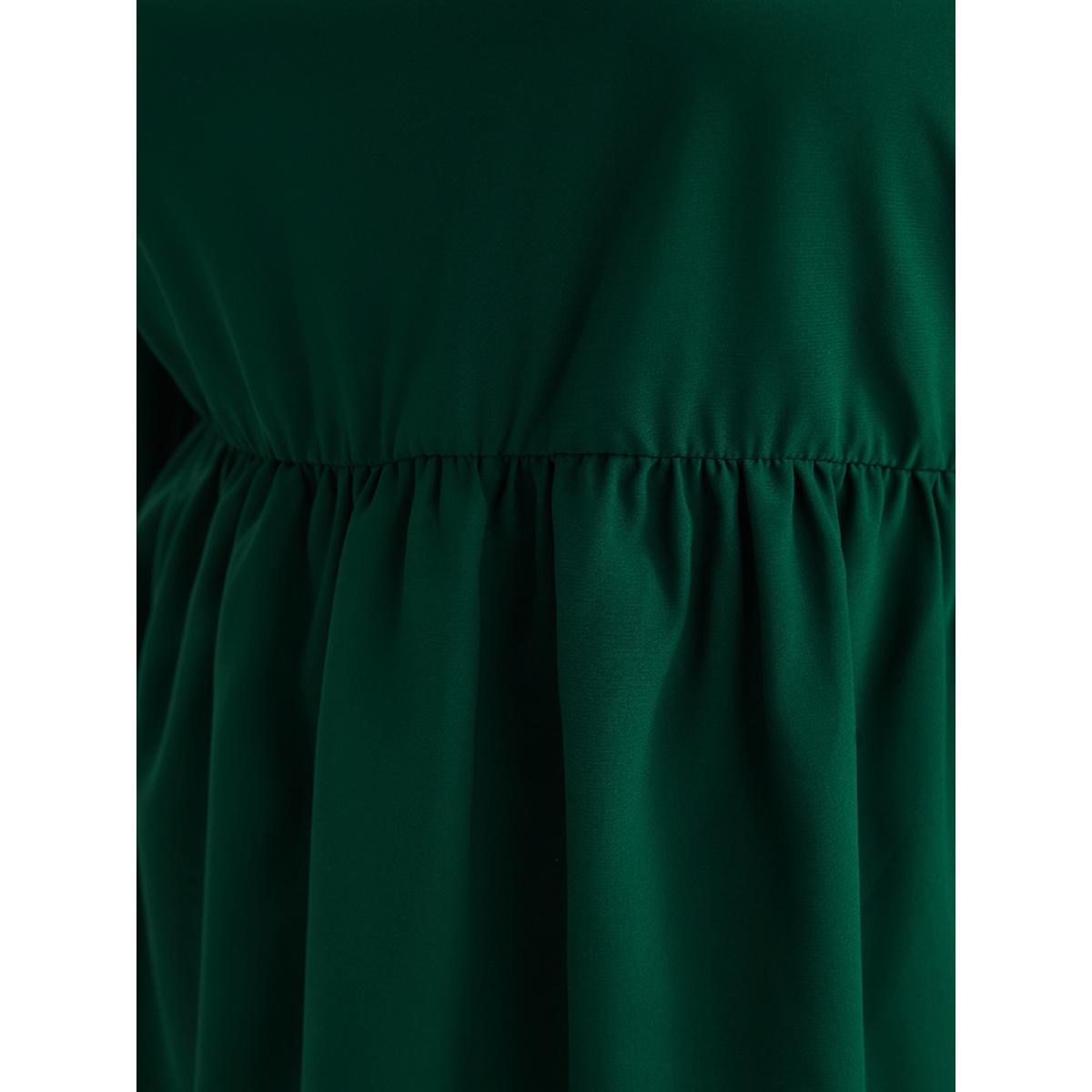 Plus Size DarkGreen Solid Lantern Sleeve High Low Hem Flutter Blouse Women Elegant Long Sleeve Round Neck Dailywear Blouses BloomChic 18-20/2X Product Image