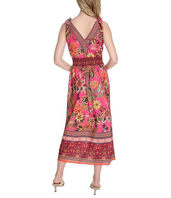 Eliza J V-neck Bow Shoulder Floral Print Smocked Waist Midi Dress Product Image