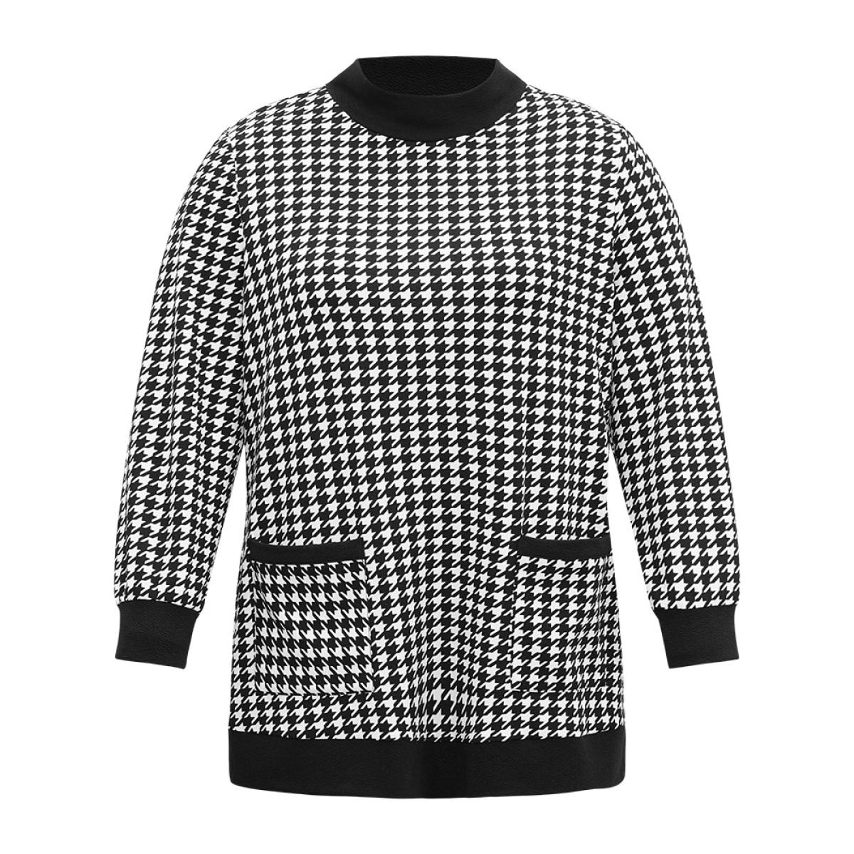 Plus Size Houndstooth Patched Pocket Mock Neck Sweatshirt Women Black Casual Contrast Mock Neck Dailywear Sweatshirts BloomChic 14-16/1X Product Image