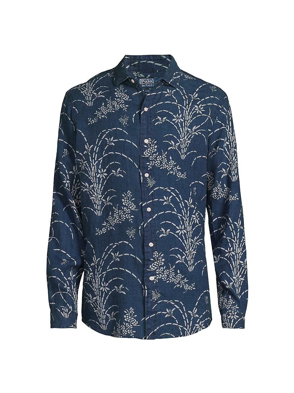 Mens Classic-Fit Indigo Floral Linen Shirt Product Image