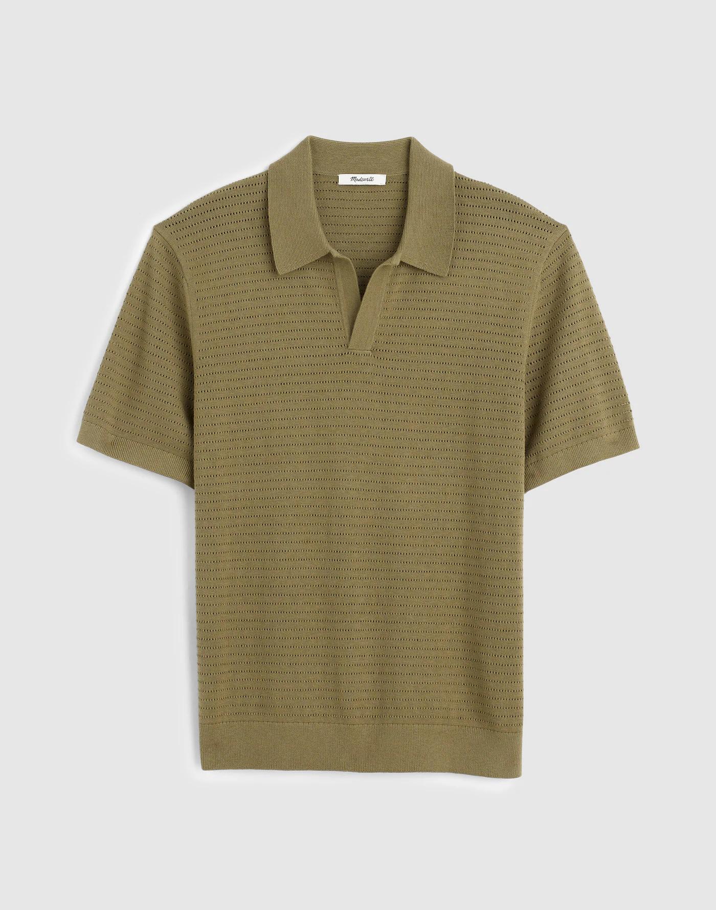 Pointelle-Stitch Johnny-Collar Sweater Polo Product Image