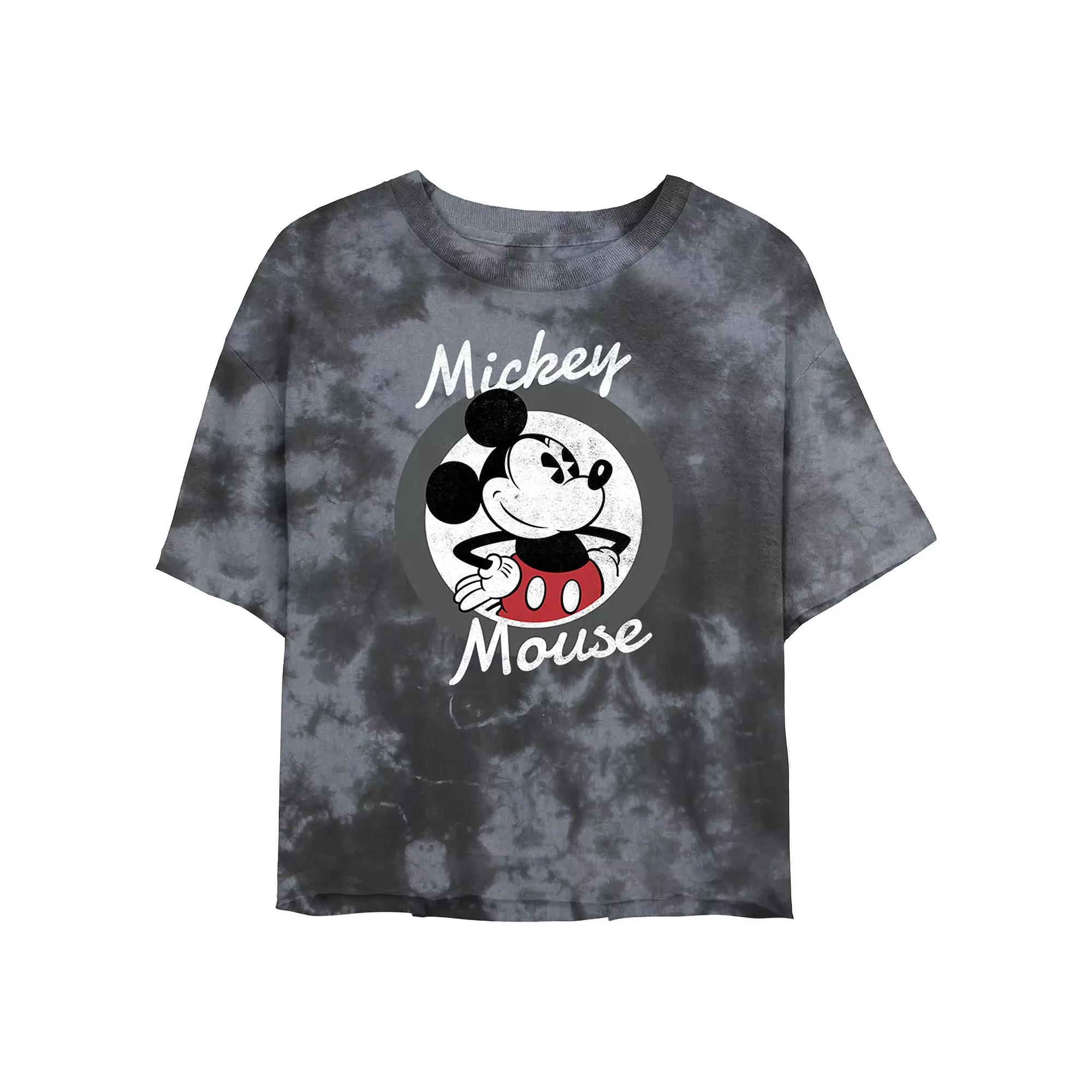 Juniors' Disney Mickey Mouse Waving Portrait Wash Crop Tee, Girl's, Size: Large, Black Grey Product Image