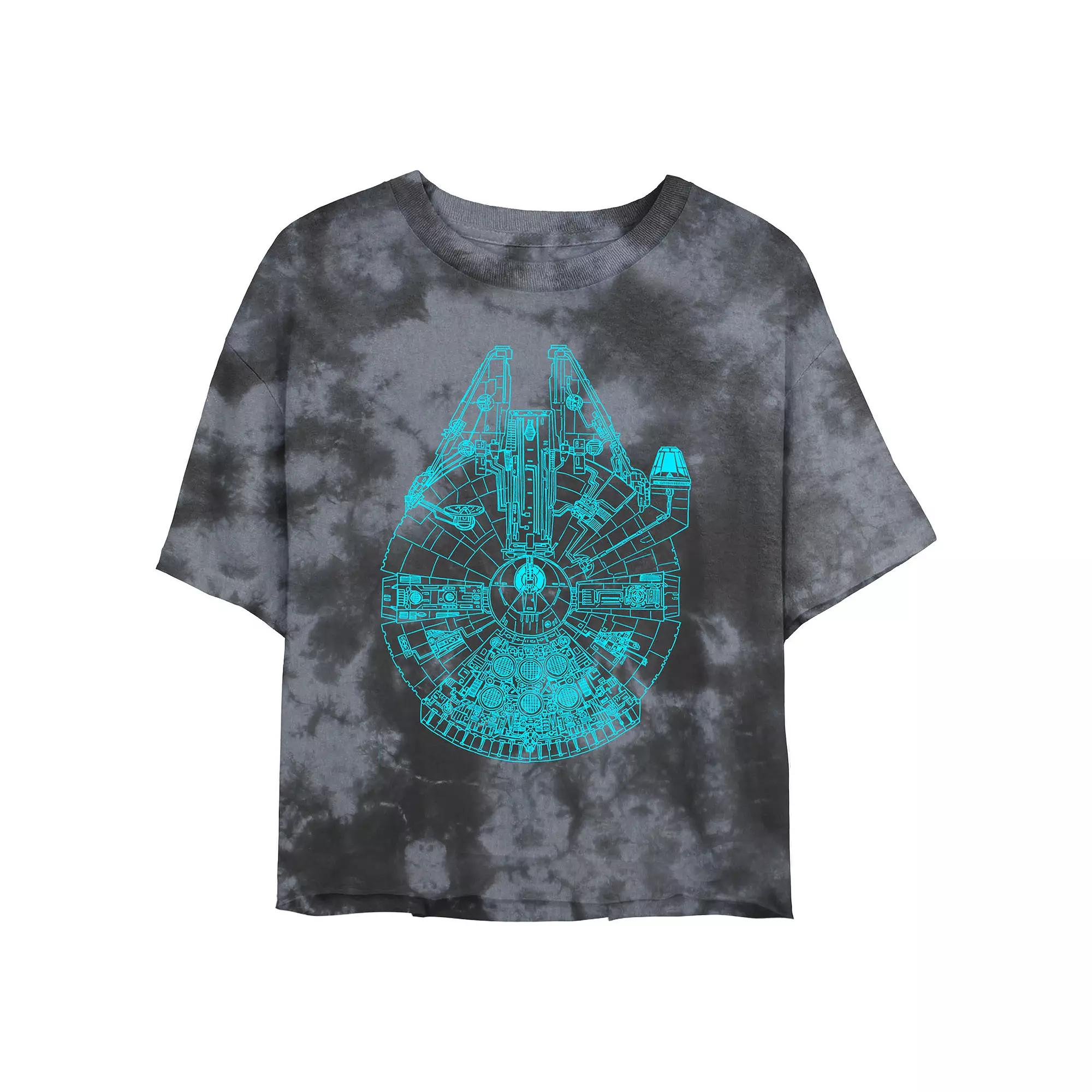 Juniors' Star Wars: Millennium Falcon Outline Wash Graphic Crop Tee, Girl's, Size: XL, Black Grey Product Image