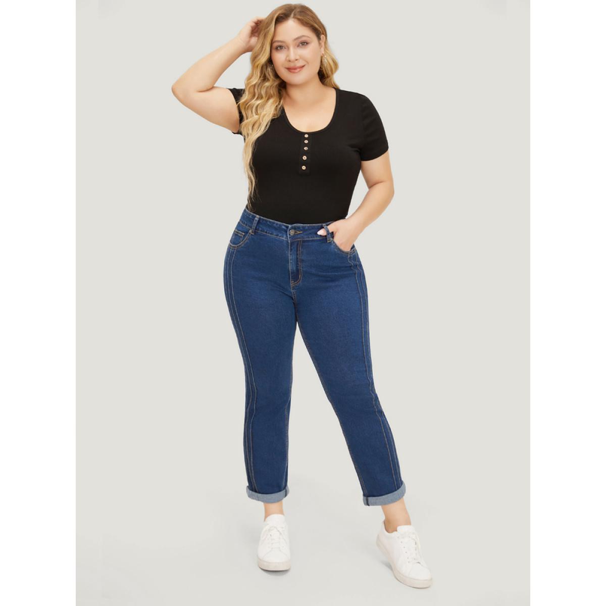 Plus Size Very Stretchy High Rise Medium Wash Pleated Detail Jeans Women DarkBlue Casual Plain Roll Hem High stretch Pocket Jeans BloomChic 28/5X Product Image
