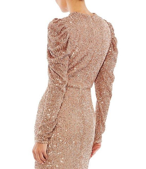 Mac Duggal Sequin Crew Neck Long Puff Drape Sleeve Sheath Gown Product Image