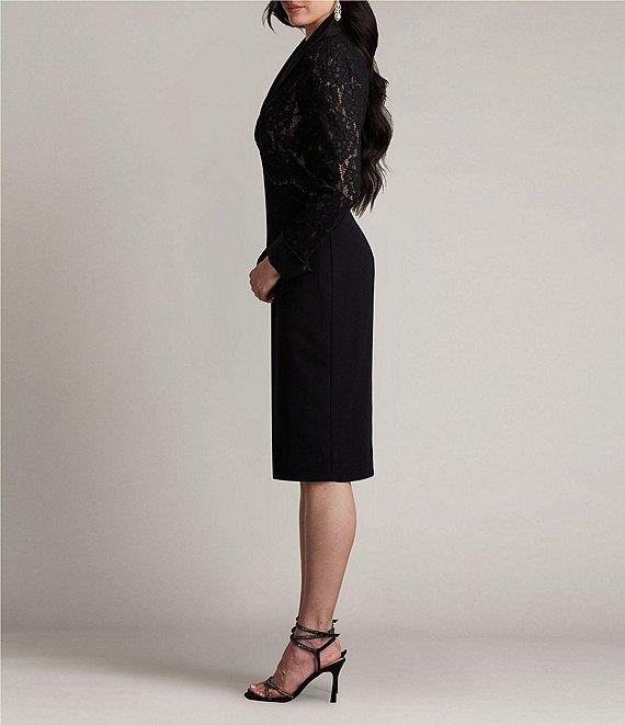 Tadashi Shoji Lace Crepe Collar V-Neckline Long Cuffed Sleeve Dress Product Image