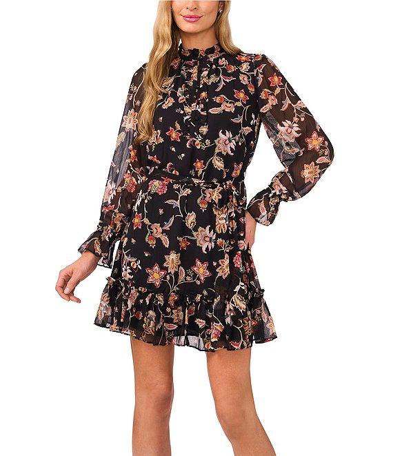 CeCe Woven Paisley Print Ruffled V-Neck Long Sleeve Pleated Dress Product Image