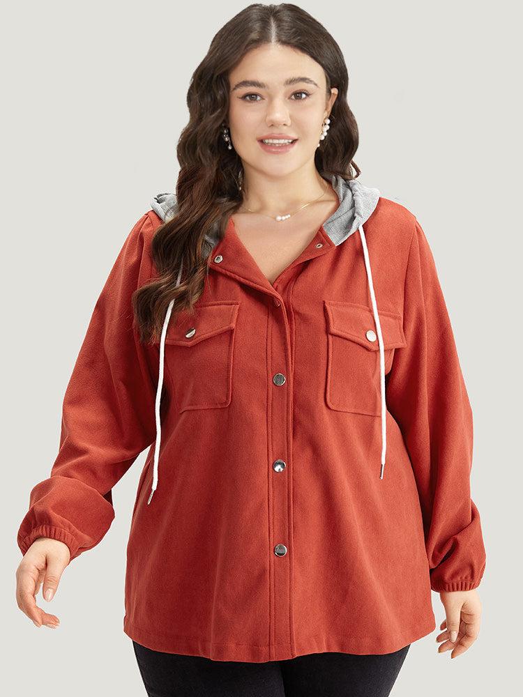 Contrast Patchwork Button Through Hooded Drawstring Corduroy Coat Female Product Image