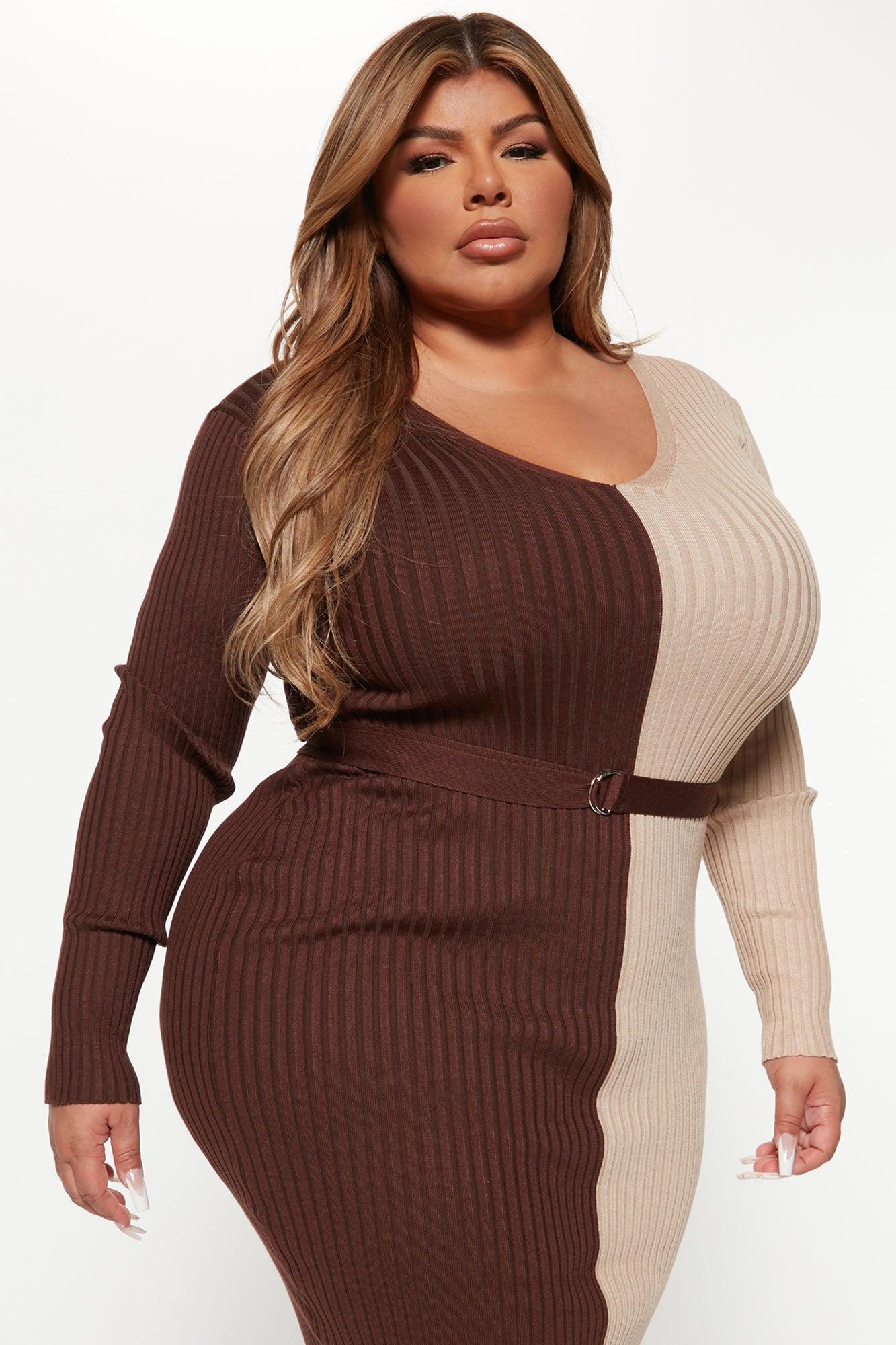 Autumn Calls Colorblock Sweater Midi Dress - Chocolate/Combo Female Product Image