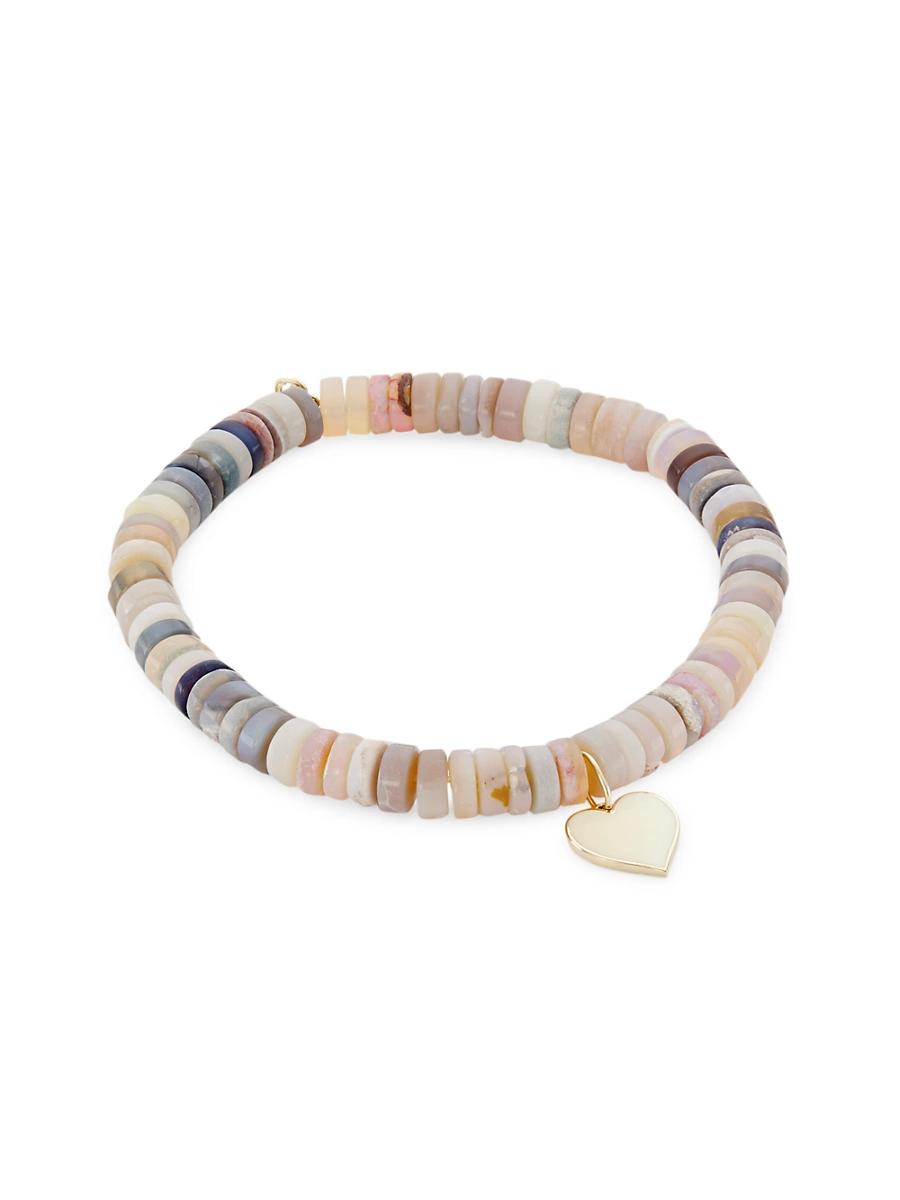 Womens 14K , Enamel, & Opal Heishi Bead Heart Charm Bracelet Product Image
