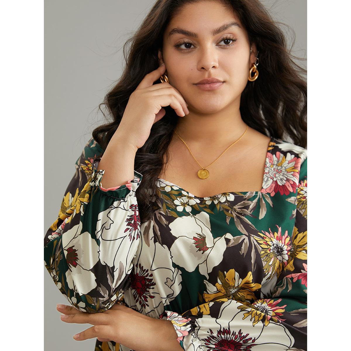 Plus Size DarkGreen Floral Square Neck Gathered Lantern Sleeve Blouse Women Elegant Long Sleeve Square Neck Vacation Blouses BloomChic 26/4X Product Image