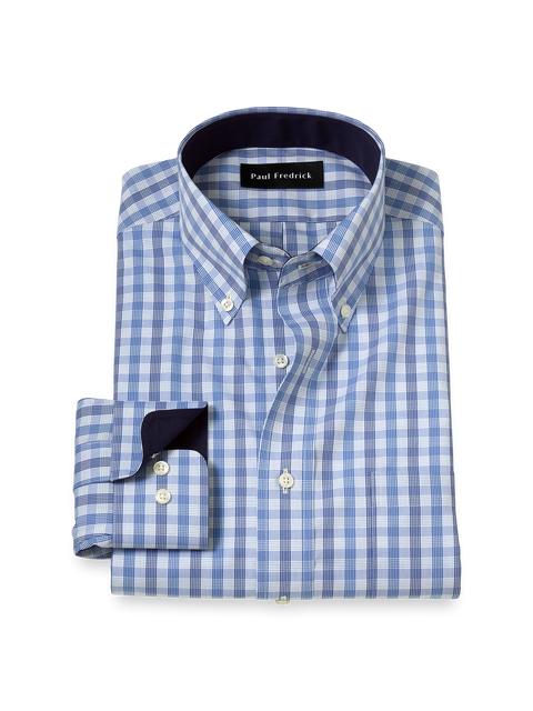 Non-Iron Cotton Plaid Dress Shirt With Contrast Trim - Blue Product Image
