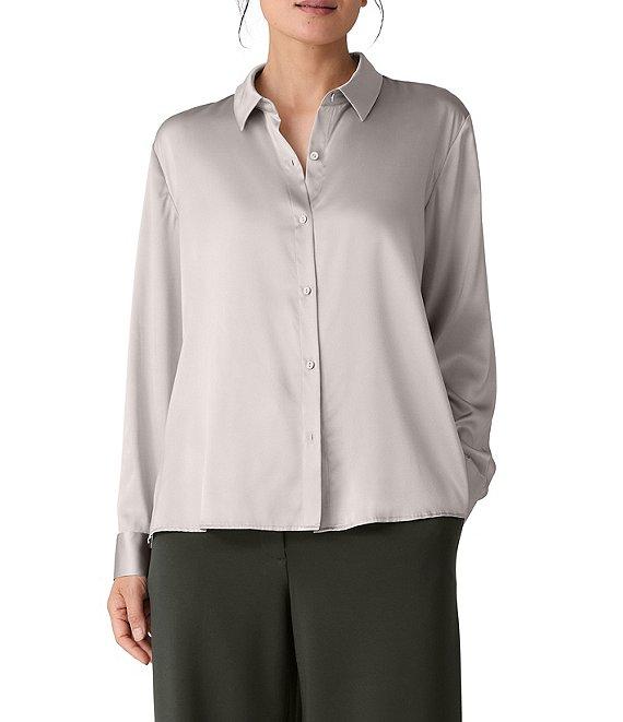 Eileen Fisher Satin Classic Collar Long Sleeve Button Front Shirt Product Image