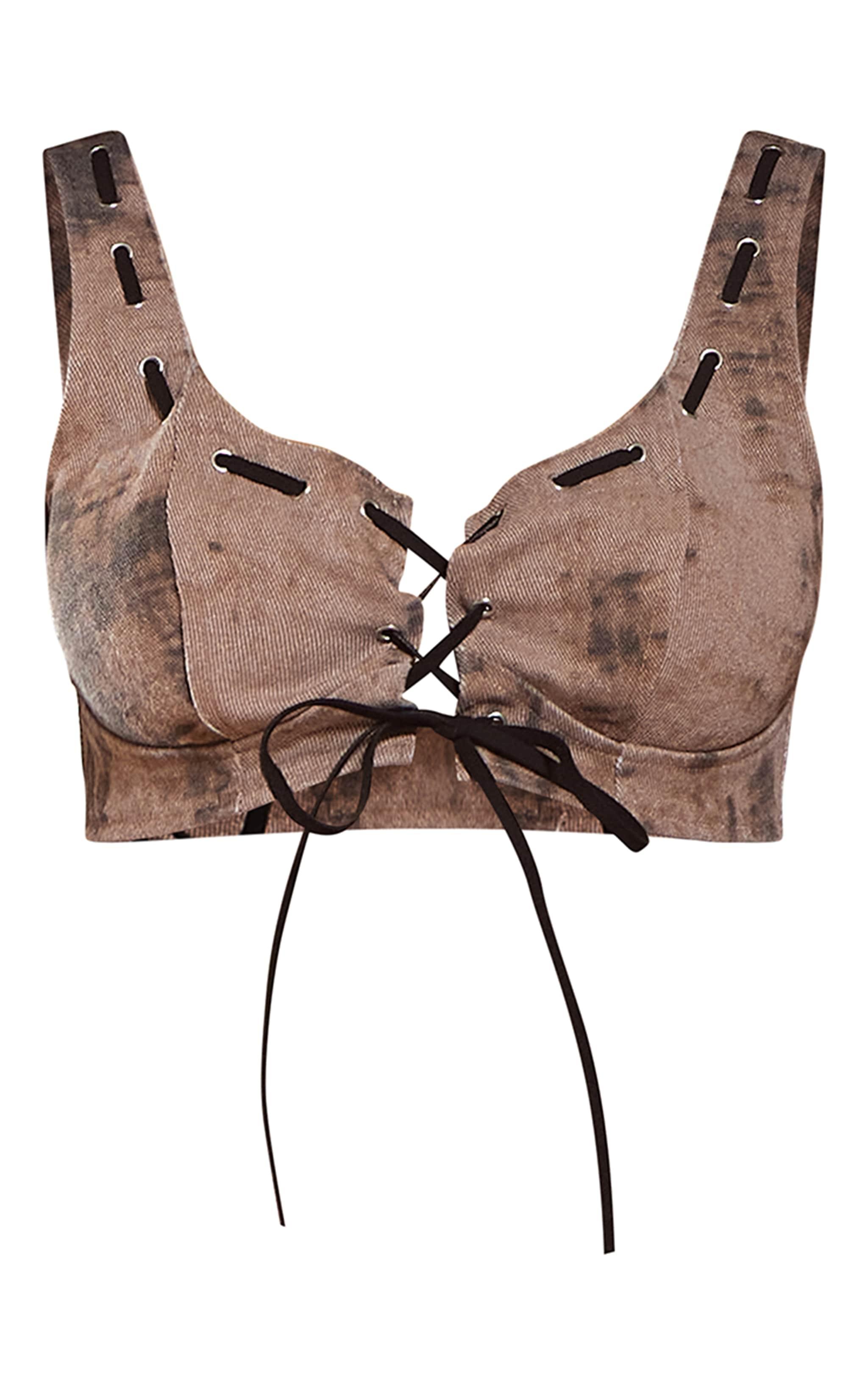 Brown Acid Wash Denim Lace Up Bralet Product Image