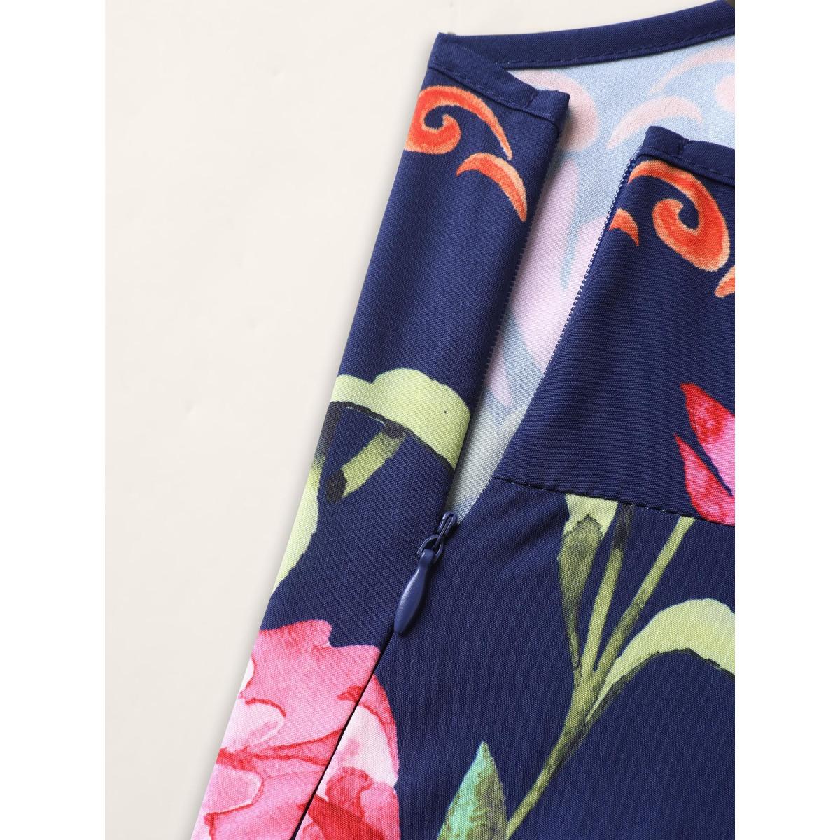 Plus Size DarkBlue Tropical Flowers Print Pockets Cami Jumpsuit Women Resort Sleeveless V-neck Vacation Loose Jumpsuits BloomChic 30/6X Product Image