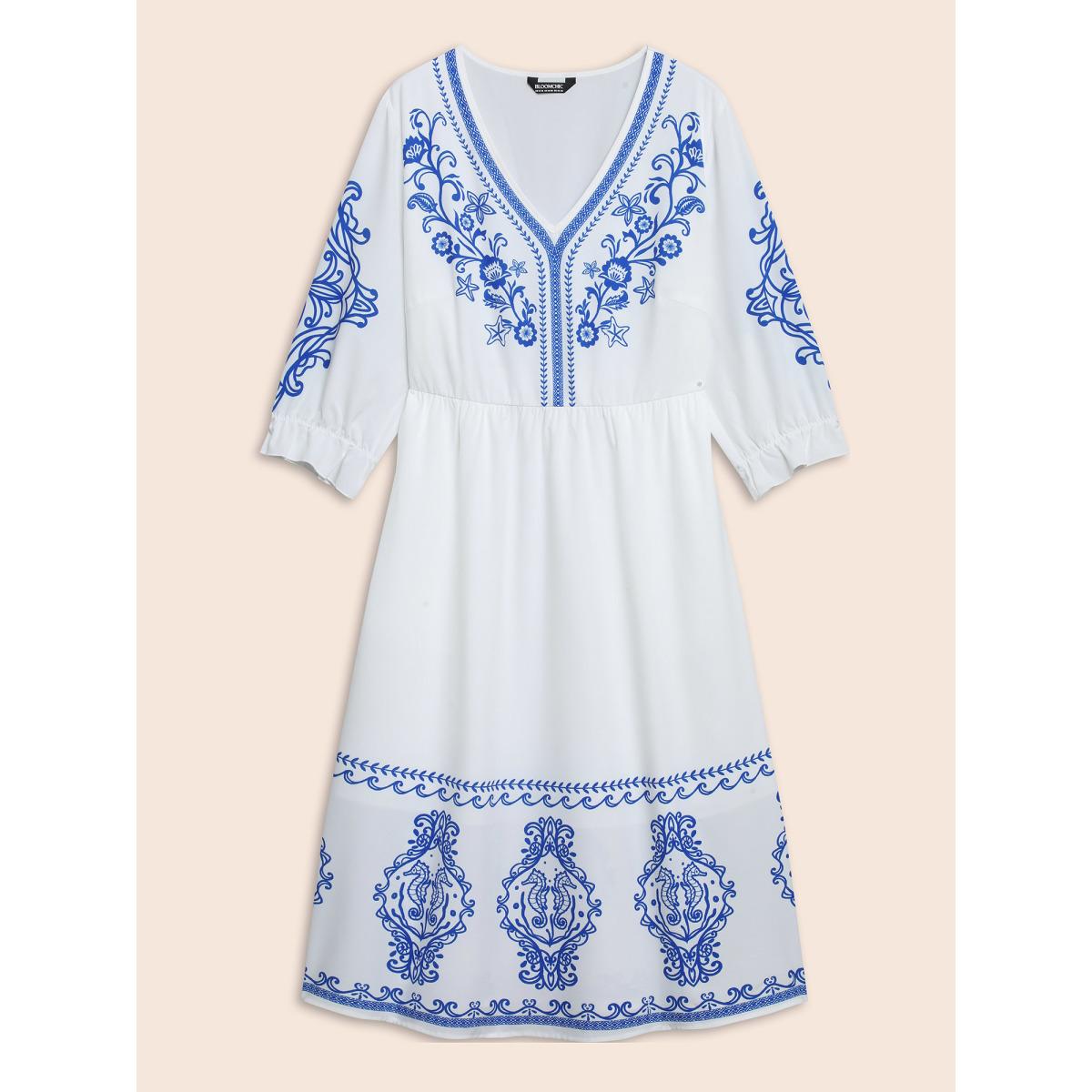 Plus Size Boho Print Waist-Defined Ruffle Midi Dress Stone Women Resort Non V-neck Elbow-length sleeve Curvy BloomChic 30/6X Product Image