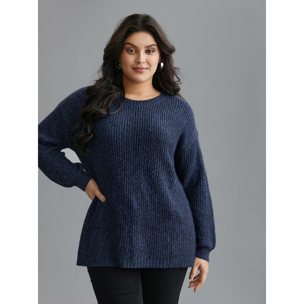 Plus Size Back Cut-Out Textured Drop Shoulder Sleeve Pullover Indigo Women Casual Loose Long Sleeve Round Neck Everyday Pullovers BloomChic 18-20/2X Product Image