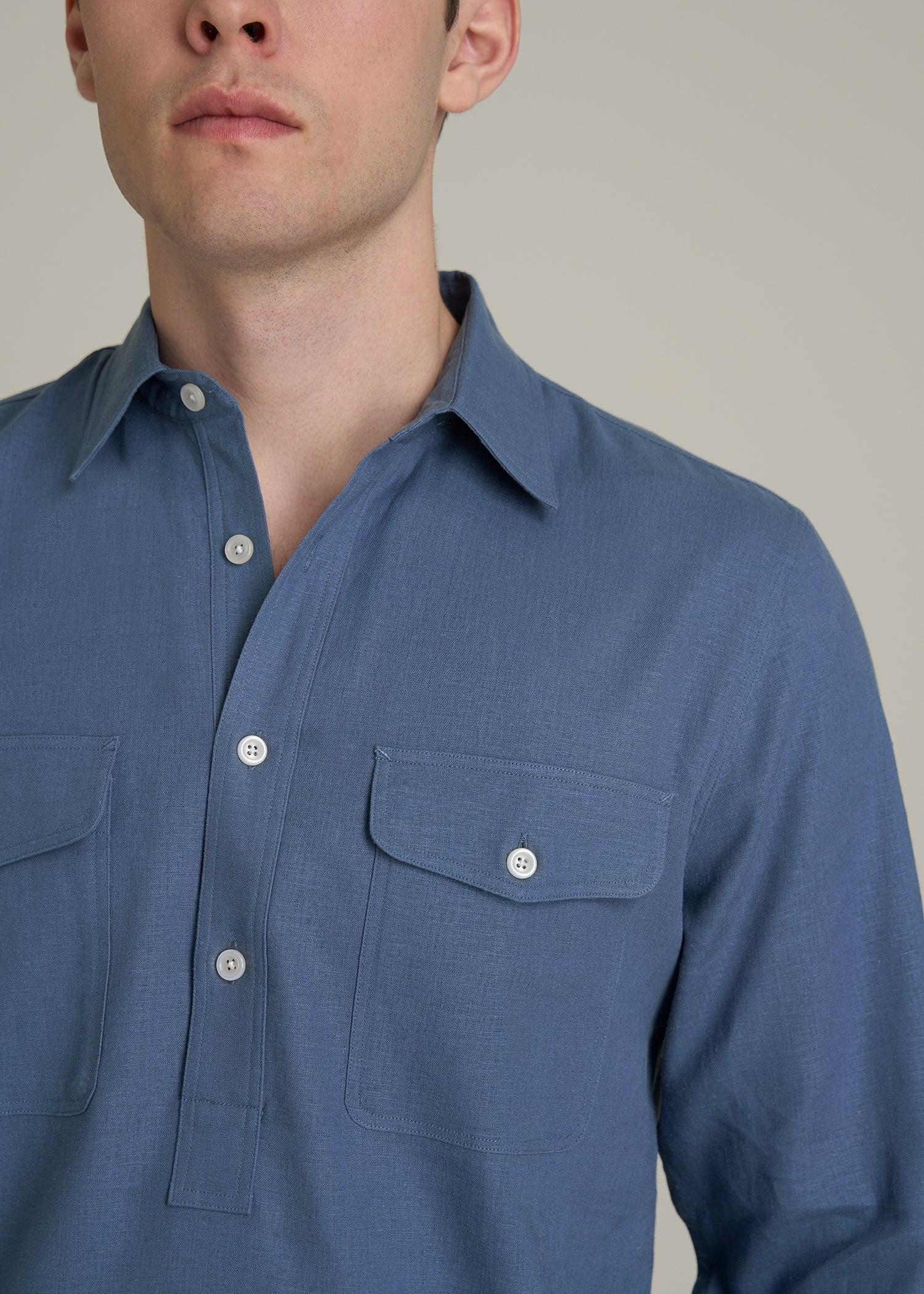Linen Popover Shirt for Tall Men in Deep Cobalt Male Product Image