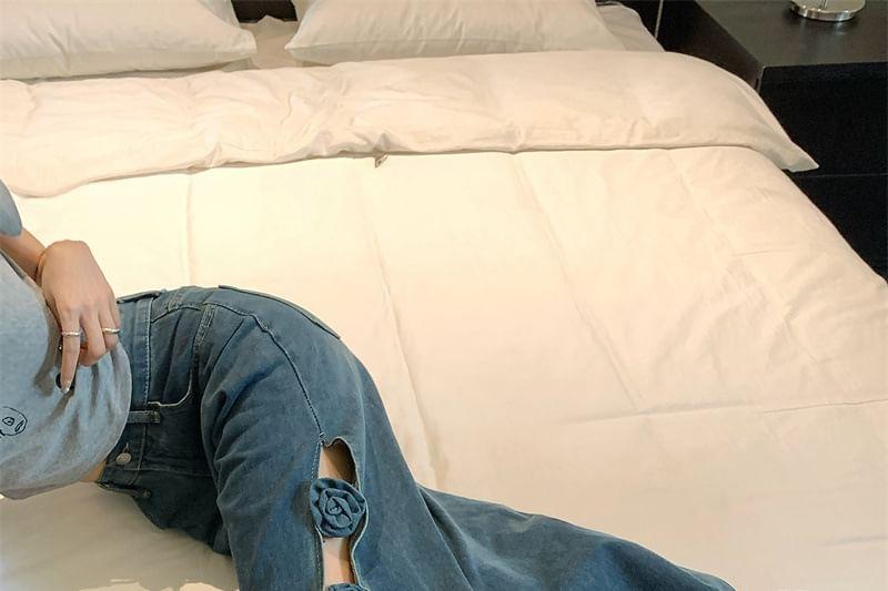 High Waist Washed Flower Detail Wide Leg Jeans Product Image