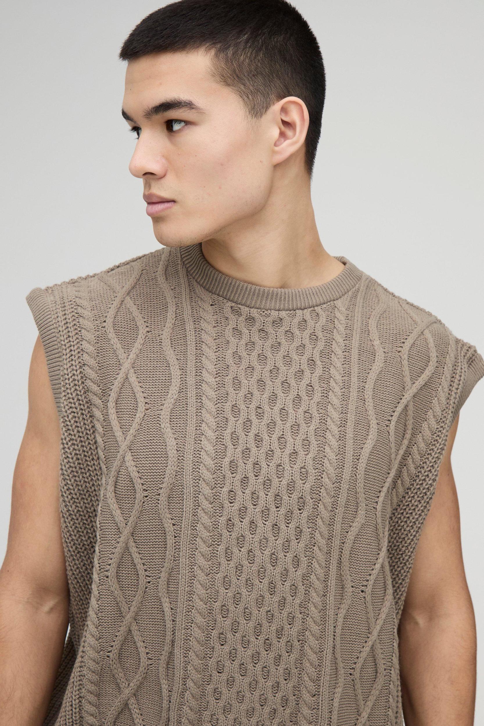 Oversized Crew Neck Cable Knitted Undershirt | boohooMAN USA Product Image