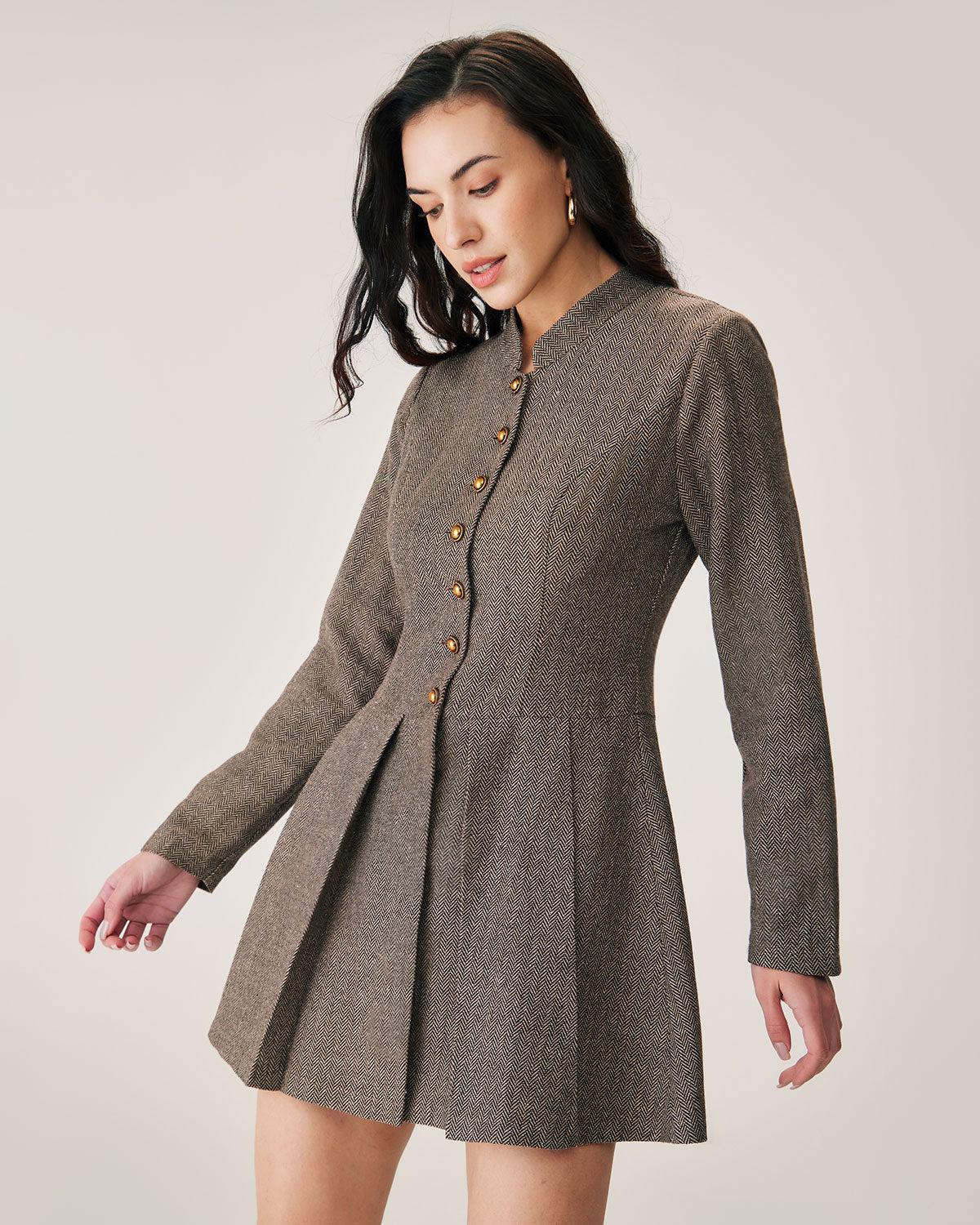 Brown Button Pleated Mini Dress Product Image