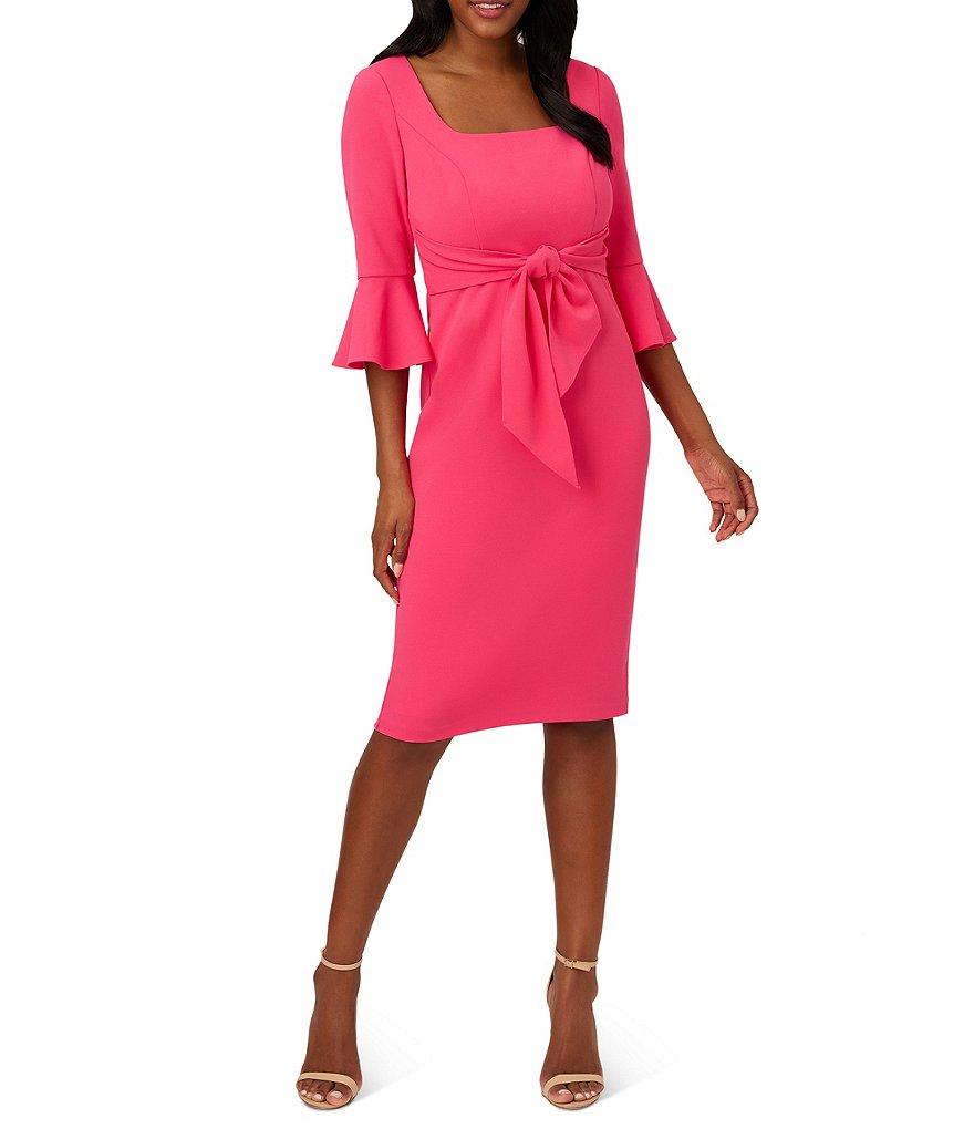 Adrianna Papell Stretch Square Neck 3/4 Bell Sleeve Tie Front Dress Product Image