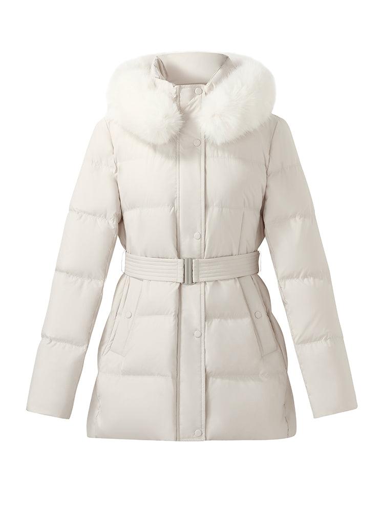Hooded Gathered Waist Goose Down Coat With Belt Product Image