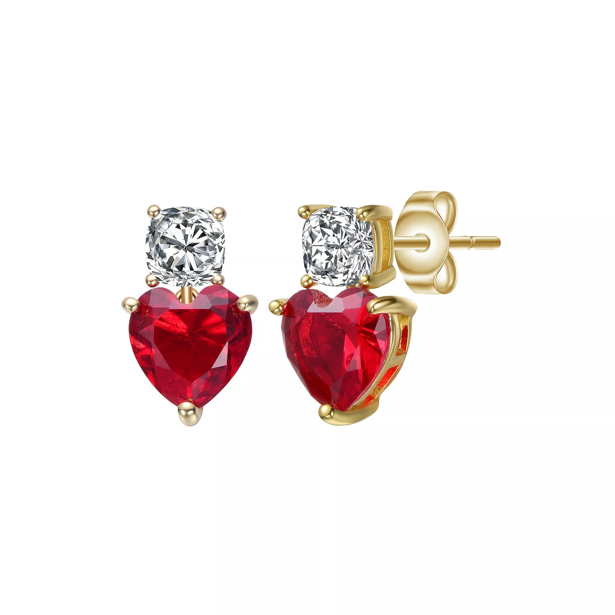 Gold Tone Cubic Zirconia Two-Stone Heart Earrings, Women's, Red Product Image