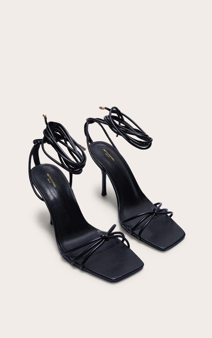 Wide Fit Black PU Square Toe Lace Up High Stiletto Heeled Sandals Product Image
