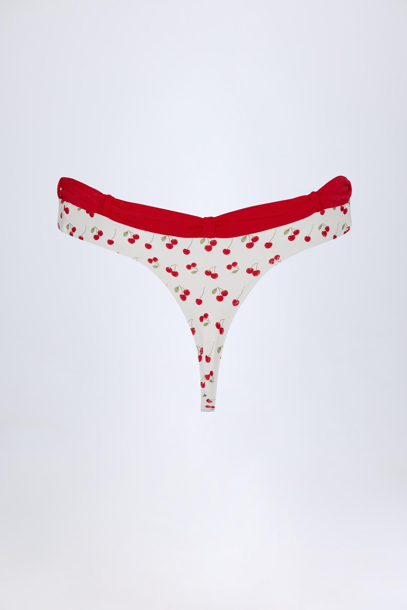 Contrast Belted Thong Bikini Bottoms in Cherry Print Product Image
