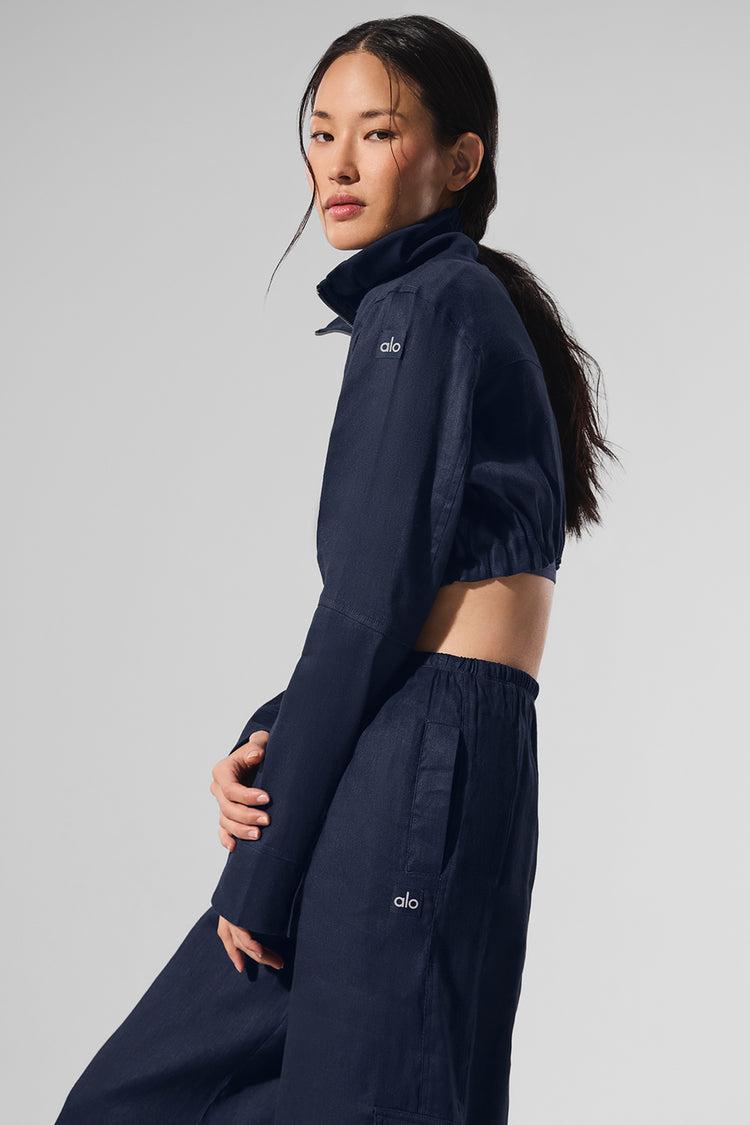 Linen Cropped Getaway Jacket - Navy Product Image
